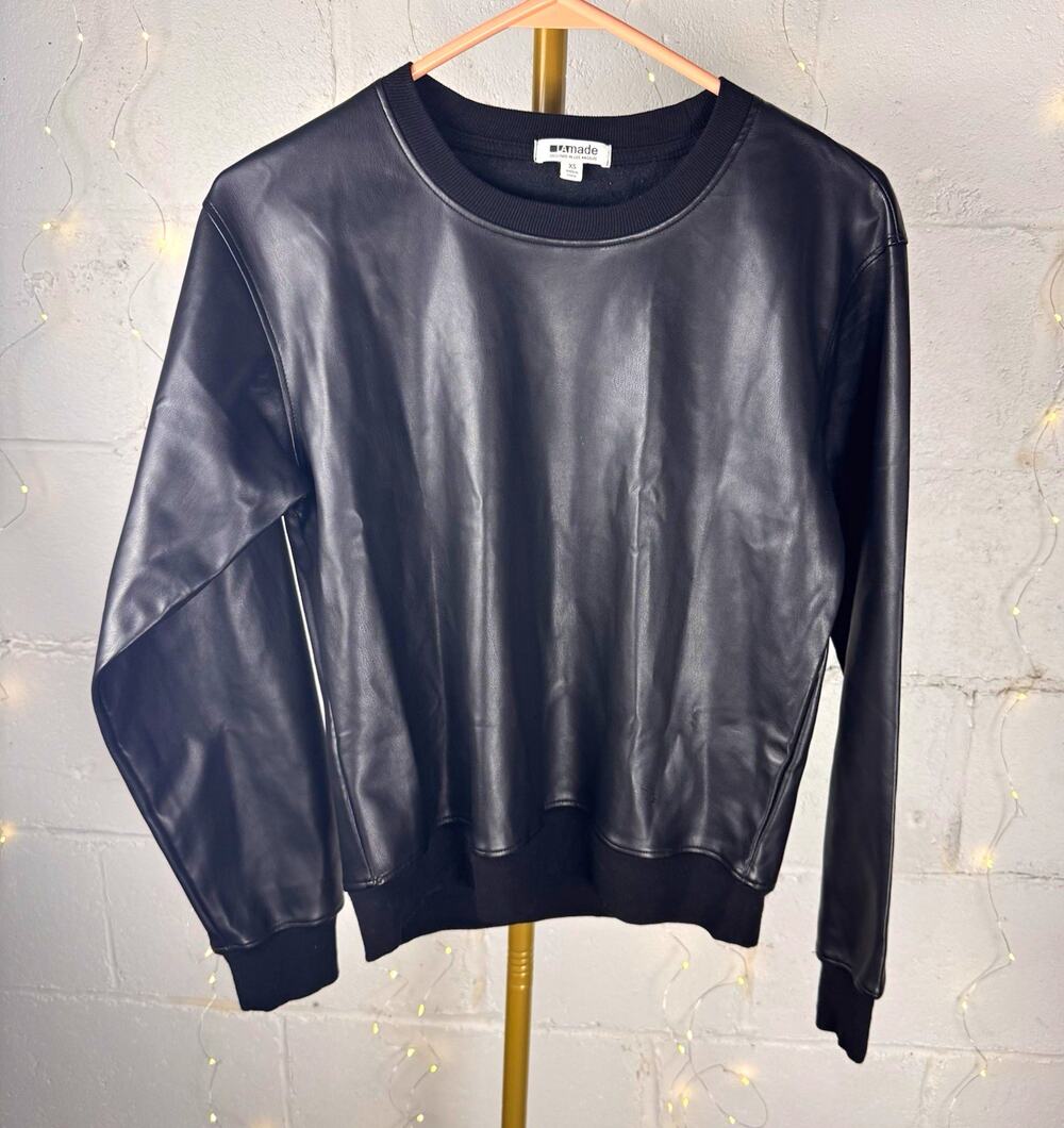 LAmade women’s sweatshirt faux leather fleece crewneck black long sleeve xs